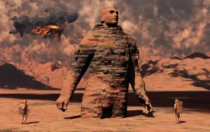 Shrine: Human astronaut explorers studying a giant humanoid