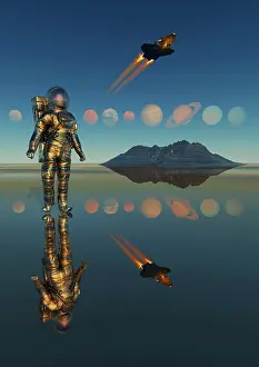 Solar: A human astronaut exploring our solar system of planets