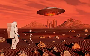 Skinny: A human astronaut making contact with a grey alien on the ?