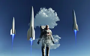 Spaceflight: A human astronaut in front of rocket spaceships taking off