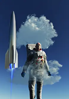 Spaceflight: A human astronaut in front of a rocketship taking off