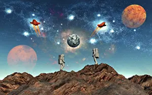 Universe: Human astronauts looking at a system of exoplanets