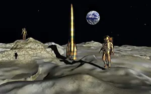 Spaceflight: Human astronauts with their space rocket on the