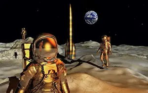 Spaceflight: Human astronauts with their space rocket on the