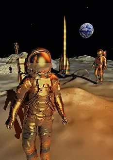 Spaceflight: Human astronauts with their space rocket on the
