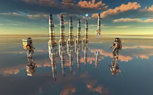 Spaceflight: Human astronauts at a space rocket base
