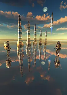 Spaceflight: Human astronauts at a space rocket base