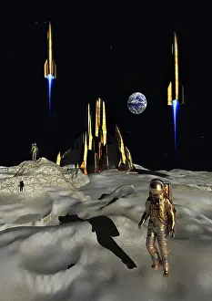 Spaceflight: A human base and space rockets taking off on the