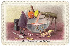 Contributing: Humanised bottles and fruit on a Christmas card