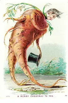 Rothe: Humanised parsnip on a Christmas card