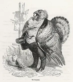 Grandville: Humanised turkey in the role of a banker