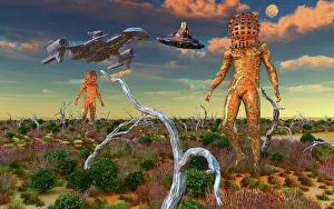 Anthropomorphic: Humanoid figures exploring the surface of an exoplanet