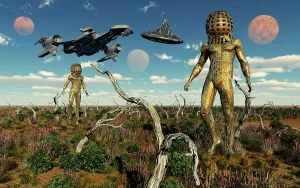 Anthropomorphic: Humanoid figures exploring the surface of an exoplanet
