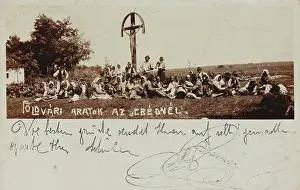 Crucifixes: Hungarian farmers rest at a crucifix