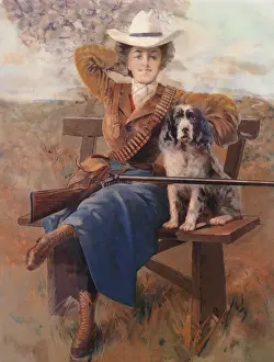 Slung: Hunter on Bench with Dog and Rifle