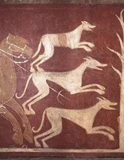 Soria: Hunter. ca. 1150. Right detail of the dogs. Mozarabic