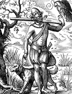 Arquebus: hunting, hunter with rifle, hound and falcon