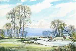 Fording: Hunting scene with riders and dogs