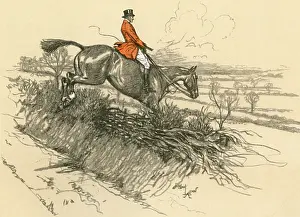 Ratcatcher: Huntsman on horseback jumping a hedge