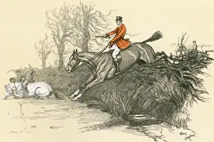 Ratcatcher: Huntsman on horseback jumping a hedge
