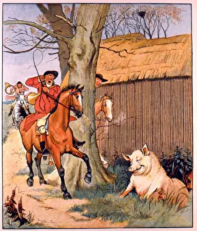Stopping: Huntsman on horseback meets a pig