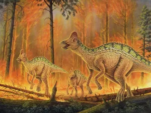 Blazing: Hypacrosaurus dinosaurs flee a burning forest