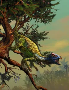 Menacing: Hypsilophodon dinosaur perched on a tree branch