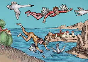 Durer: Icarus and Daedalus flying. Engraving. Colored