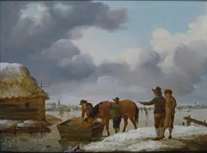 Andries: Ice Scene ' horse feeding from a trough