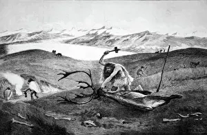 Flint: Iceage - Stoneage. Man butchering a beast using an axe