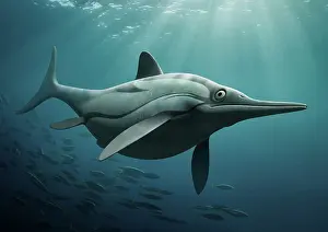 Rays: Ichthyosaurus swimming underwater with a school of fish
