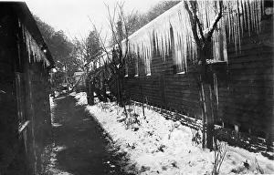 Wards: Icicles on WW1 hospital huts in winter