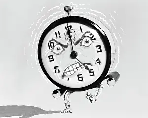 Angrily: Illustration of Alarm Clock with Angry Face Kicking