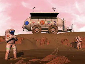 Evidence: Illustration of astronauts examining an outcrop of ?
