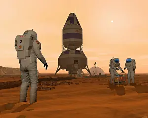 Rendition: Illustration of astronauts setting up a base on the ?