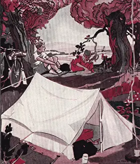 Getaway: Illustration of boys camping, circa 1930s