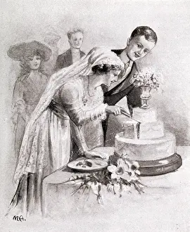 Etiquette: Illustration - The bride cuts the cake
