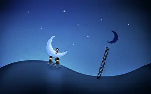 Comics: Illustration of cartoon characters stealing the moon