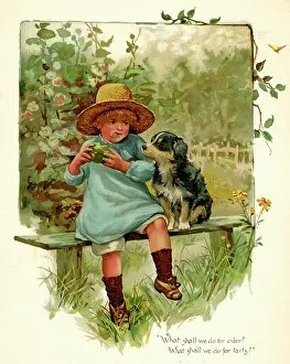 Harriett: Illustration, Child eating apple, with dog