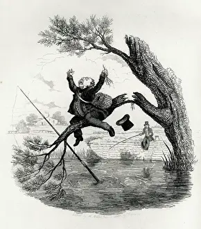 1838: Illustration, Fisherman about to fall into the water