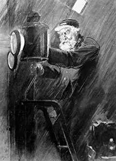 Illustration of lighthouse keeper lighting the lamp