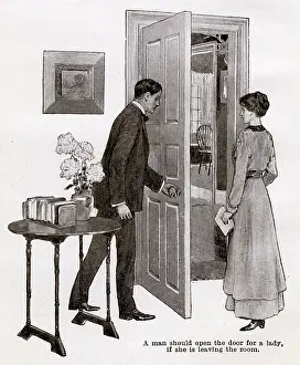 Etiquette: Illustration - man opening the door for a lady