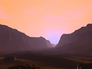 Chasm: Illustration of a martian sunrise from within a deep canyon