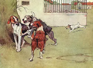 Sheepdogs: Illustration, Peter, the fox terrier, with three big dogs