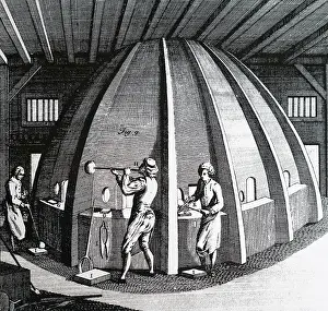 1764: Illustration showing Blowing crown glass, London, 1764