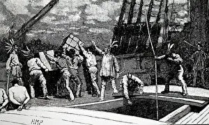 1773: Illustration showing the BOSTON TEA PARTY, 16 December 1773