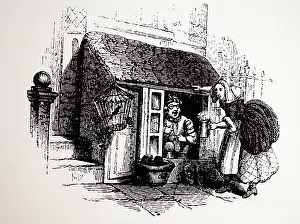 1760: Illustration showing Cobbler's stall, London, circa 1760