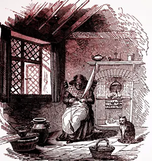 Curtains: Illustration showing cottager spinning with DISTAFF