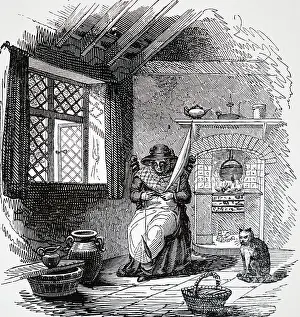 Curtains: Illustration showing cottager spinning with DISTAFF