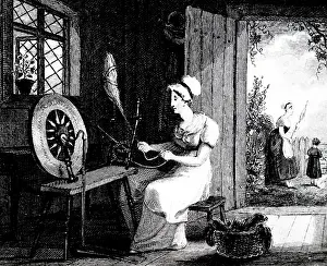 Flax: Illustration showing Cottagers spinning flax 1845